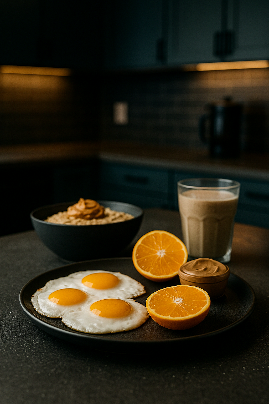 Breakfast: eggs, oats, orange, peanut butter
