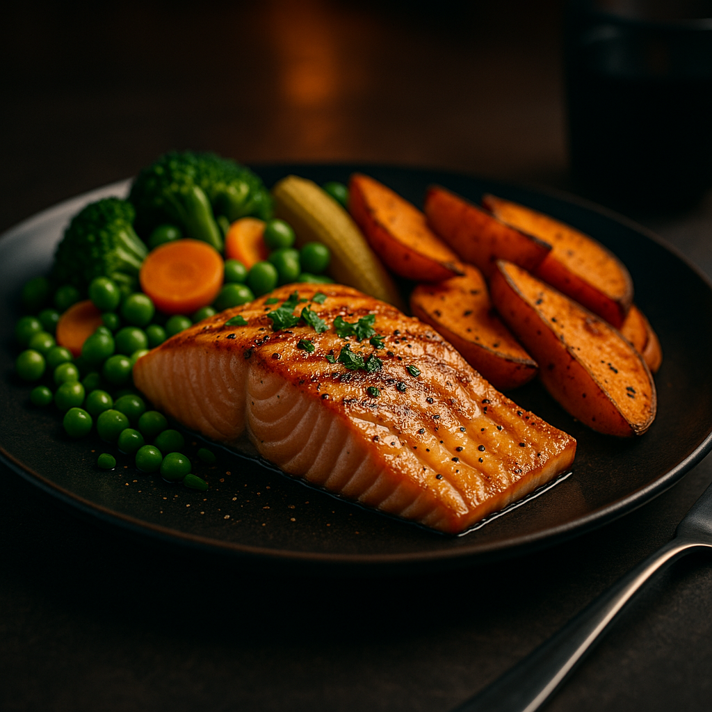 Dinner: salmon, sweet potato, veggies