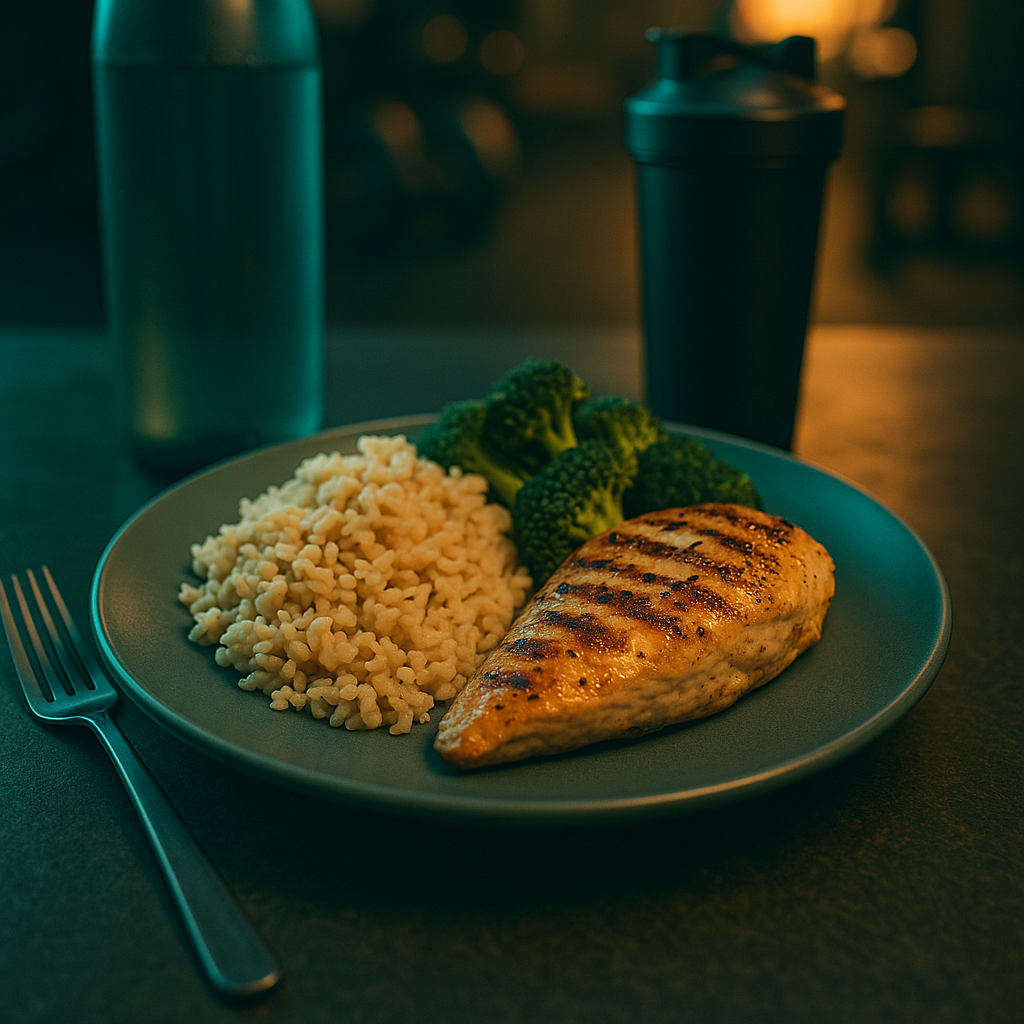Lunch: grilled chicken, rice, broccoli