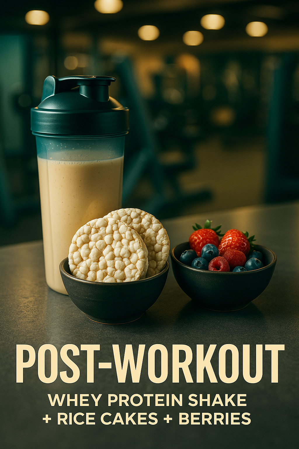 Post-workout: whey shake, rice cakes, berries